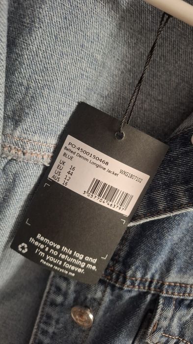 Katana kurtka jeansowa długa damska z paskiem Missguided 44/XXL