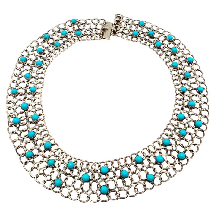 Kolia srebrna z turkusami prawdziwy vintage