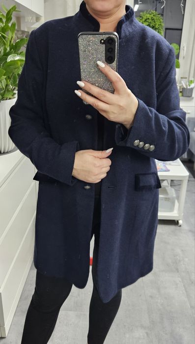 Granatowy wełniany płaszcz Coat L wełna
