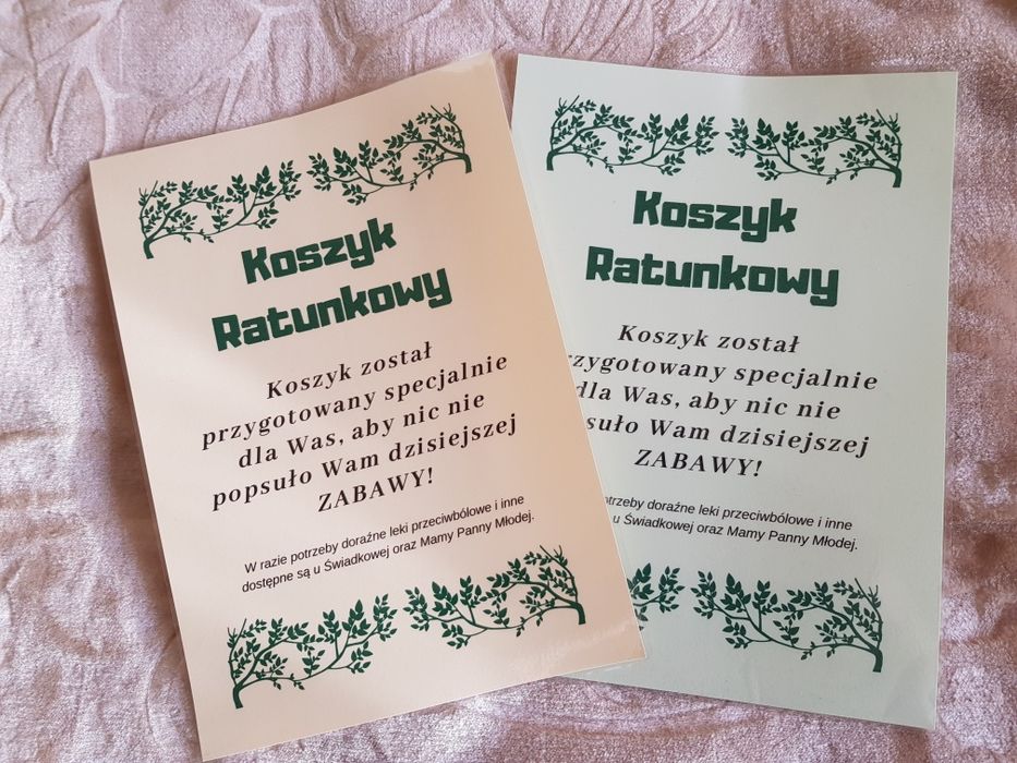 Koszyk ratunkowy wesele laminowana informacja, karta A4.