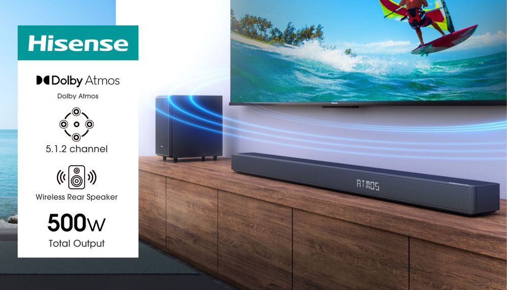 Barra de Som Hisense AX5125H 5.1.2 (500W) Dolby Atmos + Suportes Sanus | Como Nova