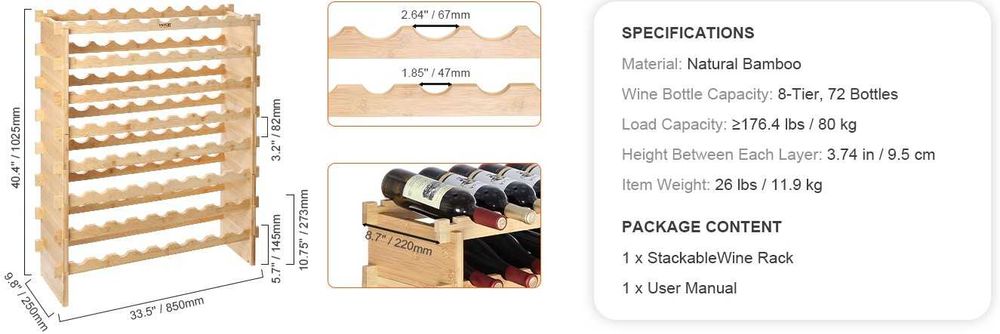 Garrafeira Empilhável Modular de Madeira Bambu - 72 Garrafas