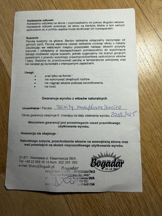 Peruka z naturalnych włosów