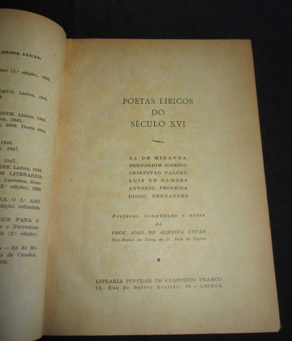 Livro Poetas Líricos do Século XVI João de Almeida Lucas
