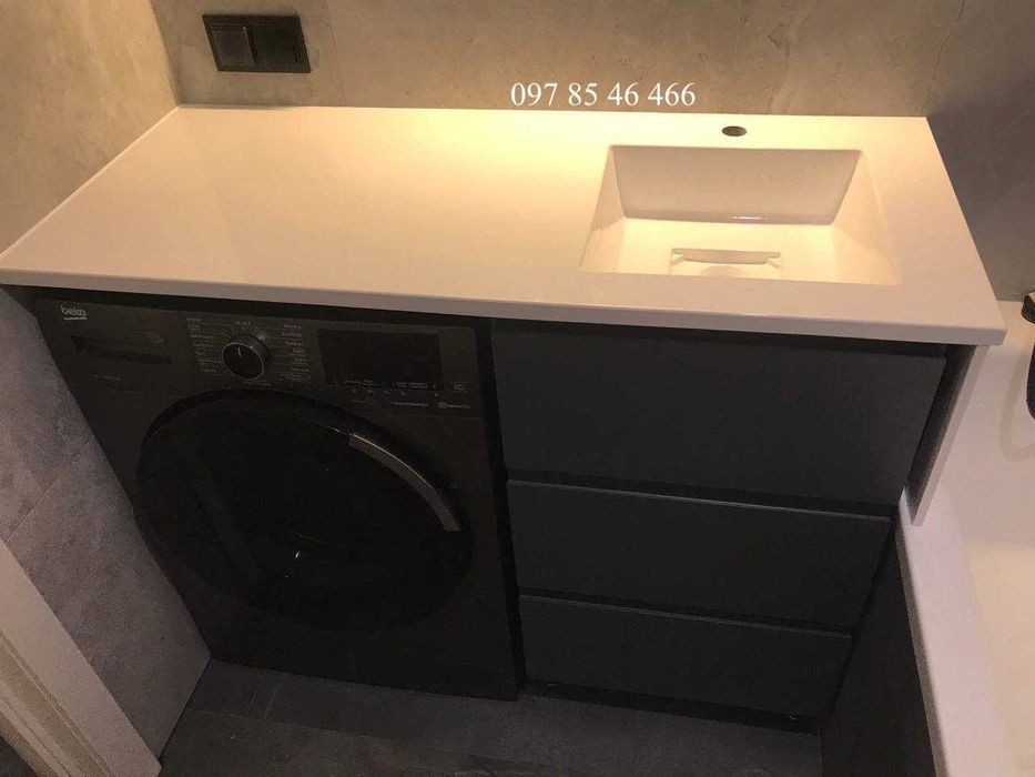 Умивальник суцільний і стільниця над пральною машиною + тумба дзеркало