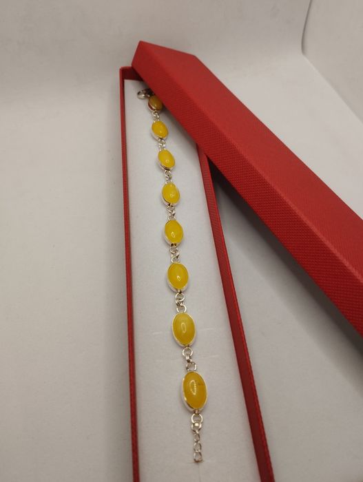 Srebrna bransoletka z mlecznym bursztynem, próba 925, długość 18-21 cm