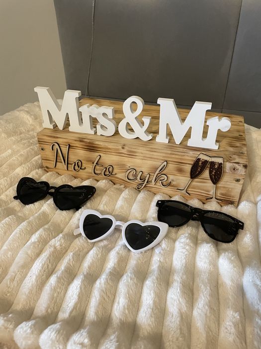 Drewniana podstawka pod alkohol / okulary weselne / MR & MRS / ślub