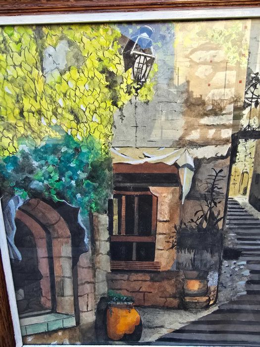 Stary obraz akwarela pejzaż miejski podpisany