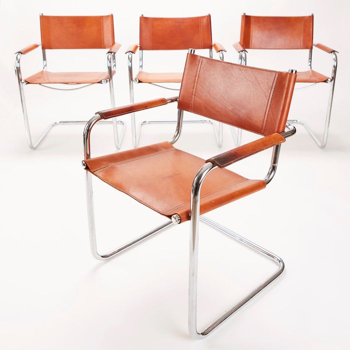 Conjunto 4 Cadeiras Cantilever Vintage (Estilo Mart Stam / Bauhaus) – Pele Conhaque