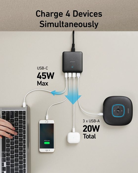 65W Anker 543 PowerPort Atom III Slim зарядка