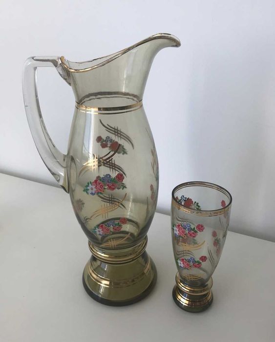 Jarra e 6 copos vidro antigo anos 60 vintage nunca usado