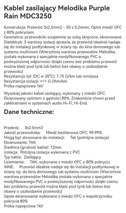 Kabel zasilający audio Melodika 3x2.5 mm dł 0.75 m. Wtyki kątowe.