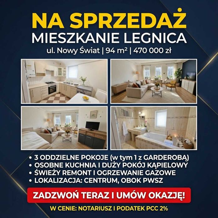 94 m² | 3 pokoje | Centrum Legnicy | Niskie koszty | Zobacz!
