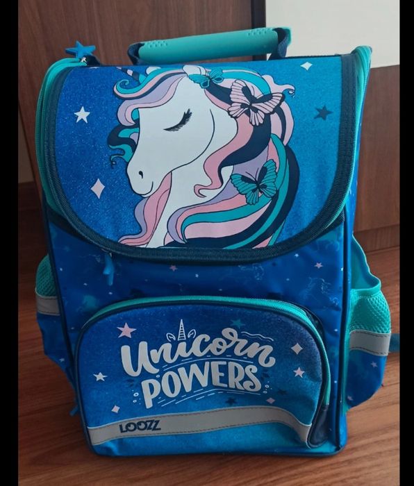Nowy plecak tornister, sztywne plecy dziewczynka  jednorożec