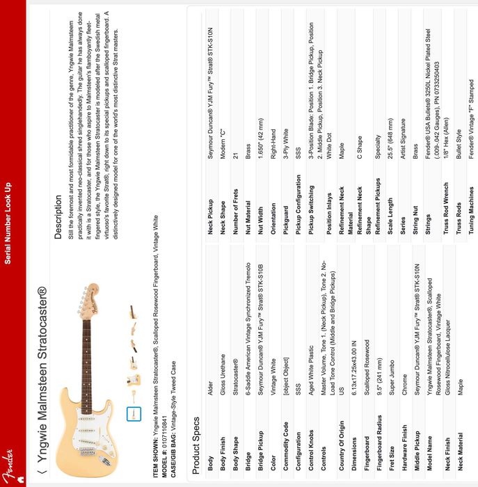 Yngwie Malmsteen American Fender Stratocaster Vintage White