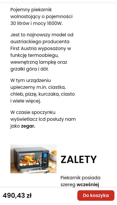 Piekarnik wolnostojacy First Austria,  piekarnik 30 litrów Termoobieg