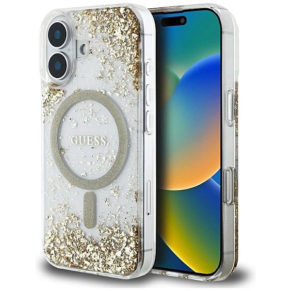 Etui Guess HC Resin Bottom Glitter MagSafe na iPhone 16 - złote