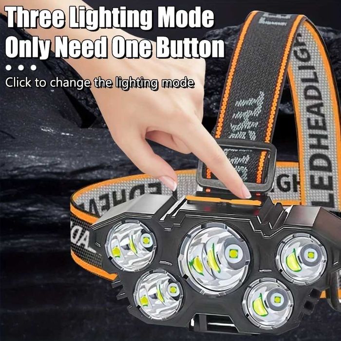 Lanterna Frontal 5 luzes LED, Carregável USB. 4 modos iluminação. Nova
