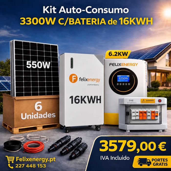 Kit Solar 3300W c/Bateria 16KWH – 6 Paineis de 550W + Inversor Hibrido 6.2Kw + Bateria 16KWH