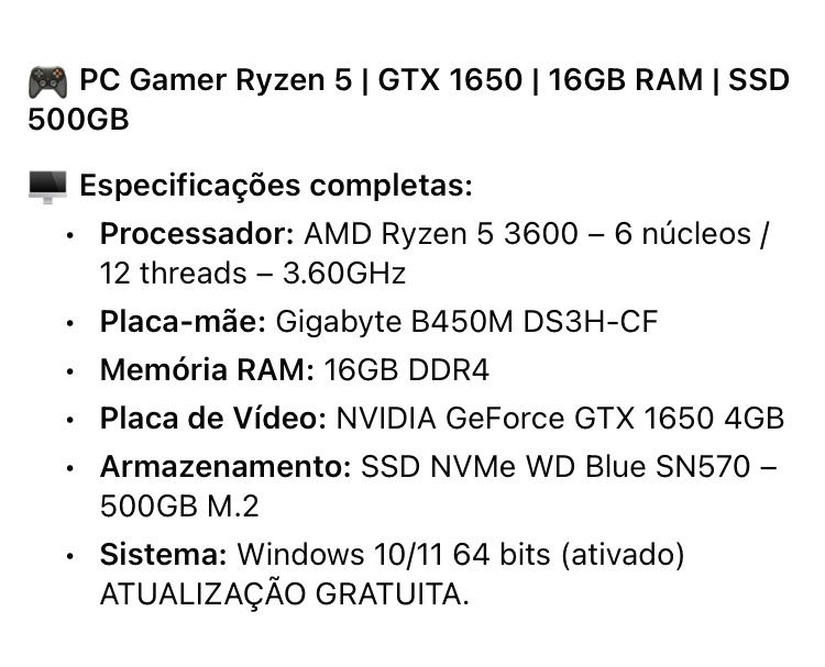 PC Gamer Ryzen 5 + GTX 1650 + 16GB RAM | Pronto a usar!