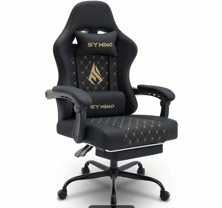Cadeira Gaming Symino com Apoio de Pés — Preta e Dourada