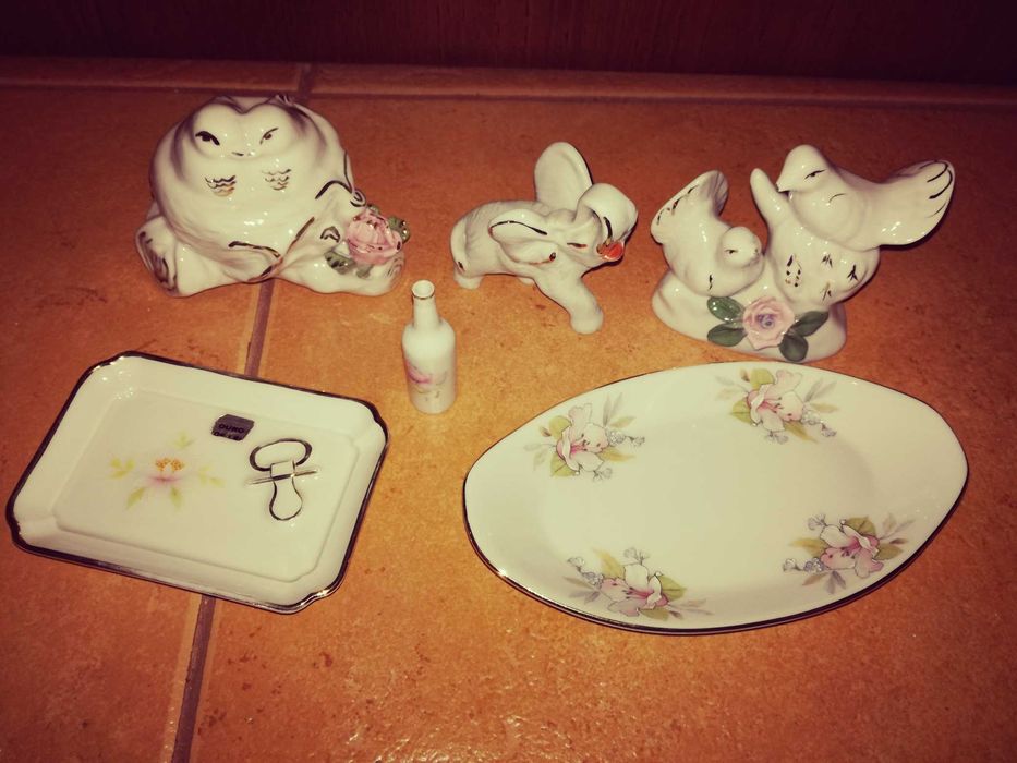 Pombas em loiça e elefante branco em marfinite - as 6 peças