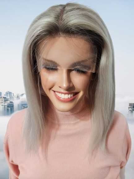 Peruka naturalna long bob bez grzywki srebrzysta platyna 45 cm
