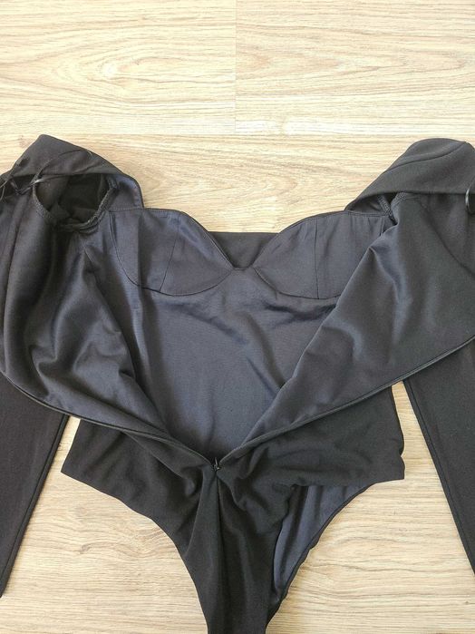 Body czarne długi rękaw figi marszczony dekolt opinające zara S M