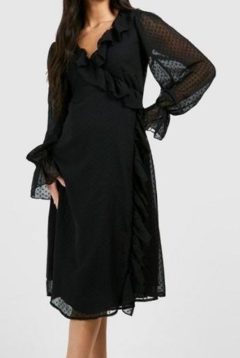 Sukienka ciążowa kopertowa z paskiem, falbany