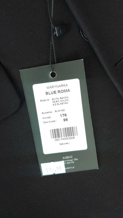 Kubenz Blue Roma marynarka męska czarna slimfit garnitur wesele święta