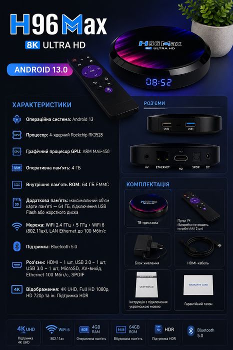 H96 Max 4/64GB Android 13 • Wi-Fi 6 • 4K Ultra HD • Smart TV приставка