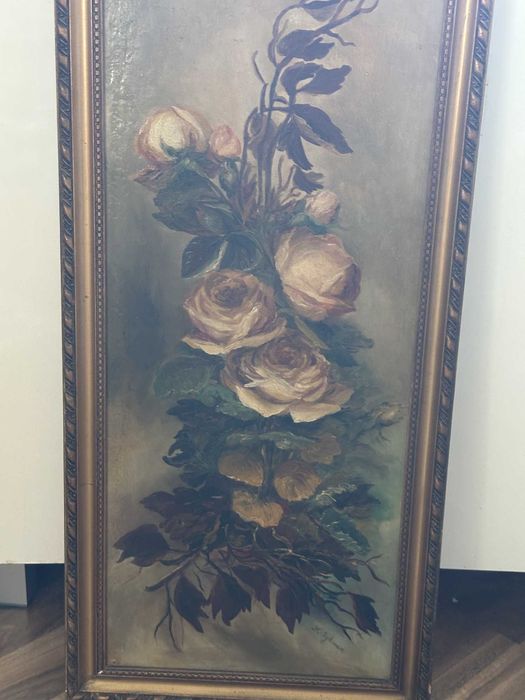 stary Obraz olejny1974 r  róże sygnowany 76 cm X  30 cm