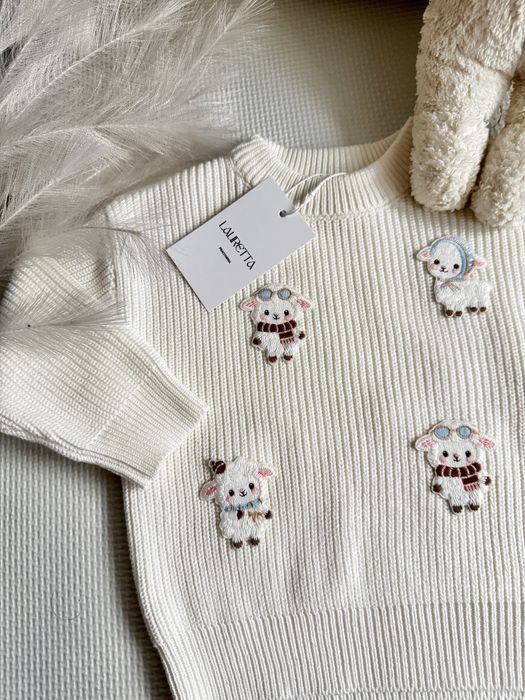 Sweterek niemowlęcy 80 handmade haft owieczki unisex nowy