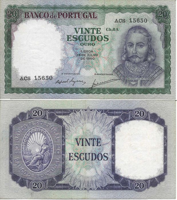 Nota 20$00 de Portugal, chapa 6-A, MBC+++ a Bela.