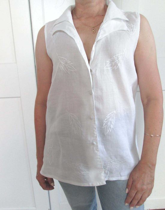Biała lniana bluzka 100% len haft vintage L XL 40 42