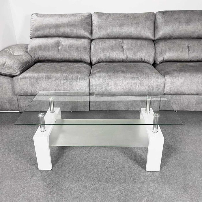 Mesa de centro de vidro 110 x 45 x 55 cm [BRANCO ou MADEIRA] - NOVO