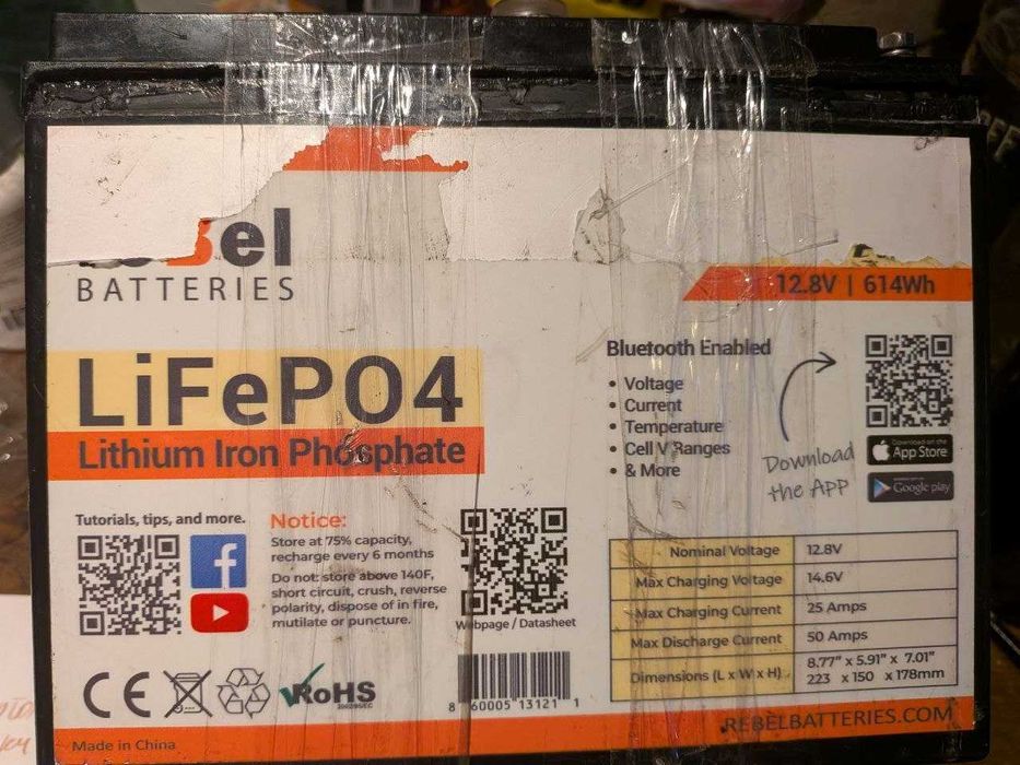 LiFePO4 аккумулятор 12.8V 614Wh (48Ah)  Smart BMS, Bluetooth (Rebel Batteries) под ремонт