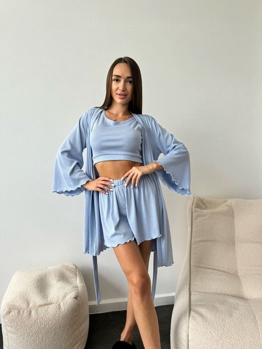 Набір 3 в 1 в рубчик піжама + халат топ шорти