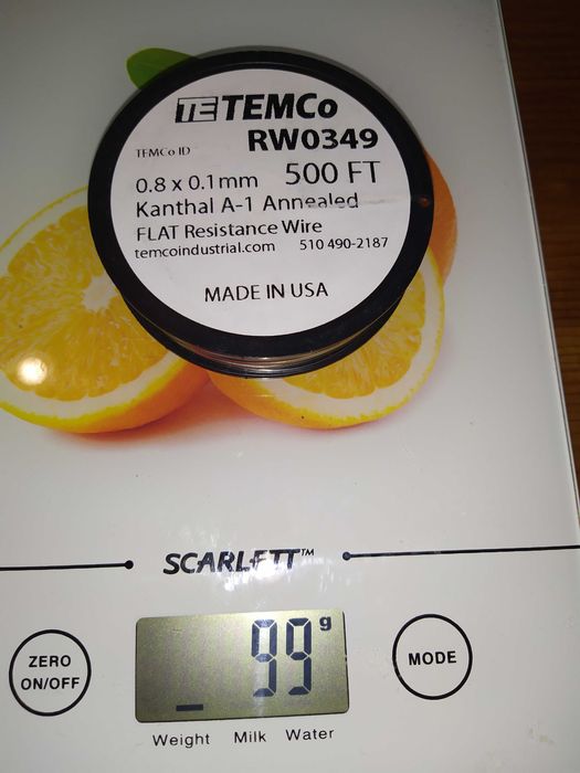 Плоский кантал 0.8 x 0.1 mm 500 ft Kanthal A-1 150м (нихром, фехраль).