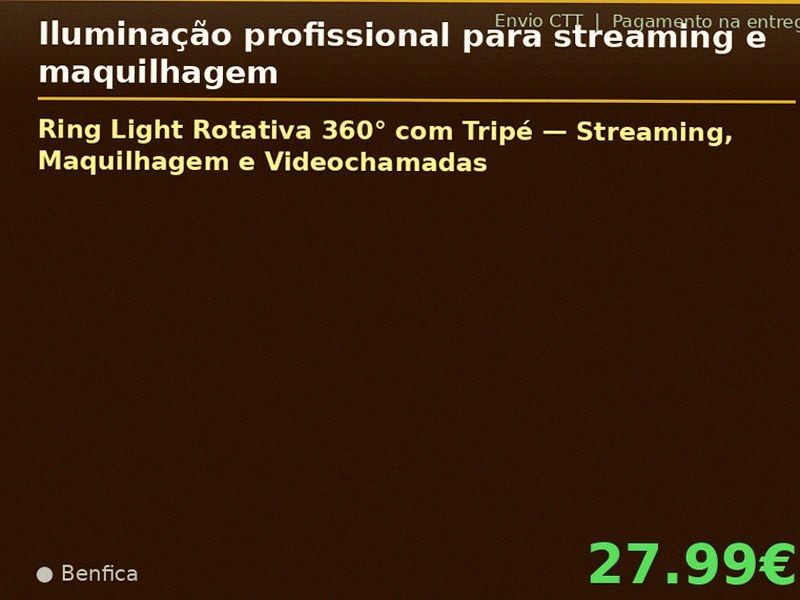 Ring Light Rotativa 360° com Tripé — Streaming, Maquilhagem e Videochamadas