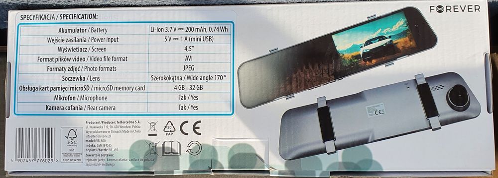 Rejestrator jazdy z kamerą cofania. Forever