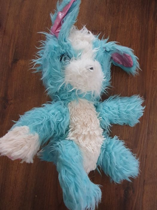 Pies piesek niebiesko biały z długą sierścią wydaje dźwięk szczekania