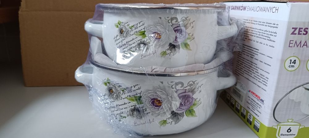 Zestaw garnków emaliowanych 6 elementów 14,16,18, nowe