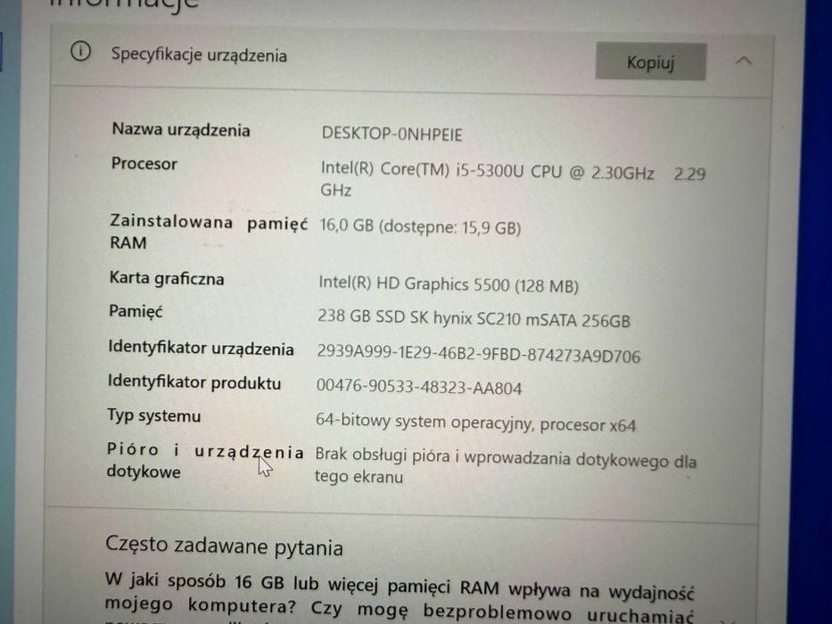 Dell Latitude E7450 – i5-5300U / 16 GB RAM / SSD 256 GB / Windows 10 Enterprise LTSC