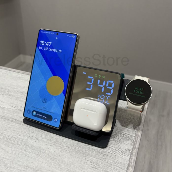 Бездротова зарядка 5 в 1 для Apple Watch iPhone Airpods, Док-Станція Samsung Galaxy Watch Беспроводная зарядная станция с часами термометр Безпровідна