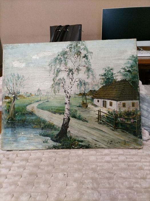 Prawie 100-letni obraz olejny (1938) – pejzaż wiejski – sygnowany J. P