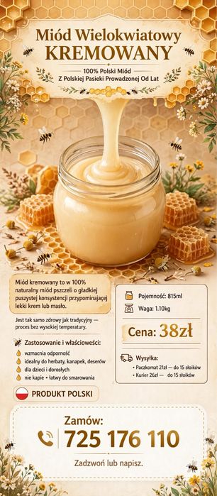 Miód wielokwiatowy kremowany mozliwa wysyłka paczkomat, kurier.