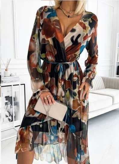 Asymetryczna sukienka midi z falbaną wzór 4- HIT !