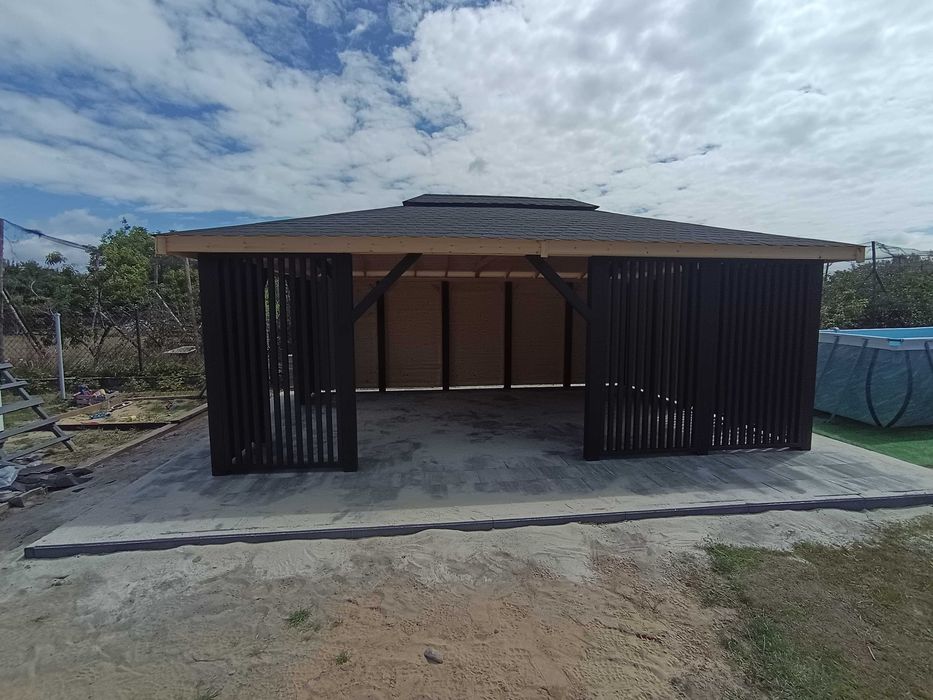 Nowoczesna altana 4x6 m, lamele, gont bitumiczny - producent