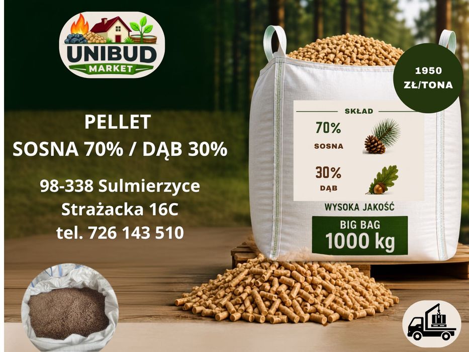 Pellet drzewny BIG BAG 1 000 kg Certyfikowany ENplus A1 SOSNA 70%/DĄB 30%